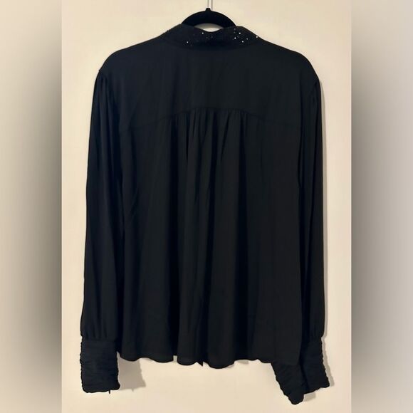 Chico’s Black Long Sleeve Button Up Top SZ 4 US 20 Rhinestone Collar Ruched Cuff - Picture 2 of 12
